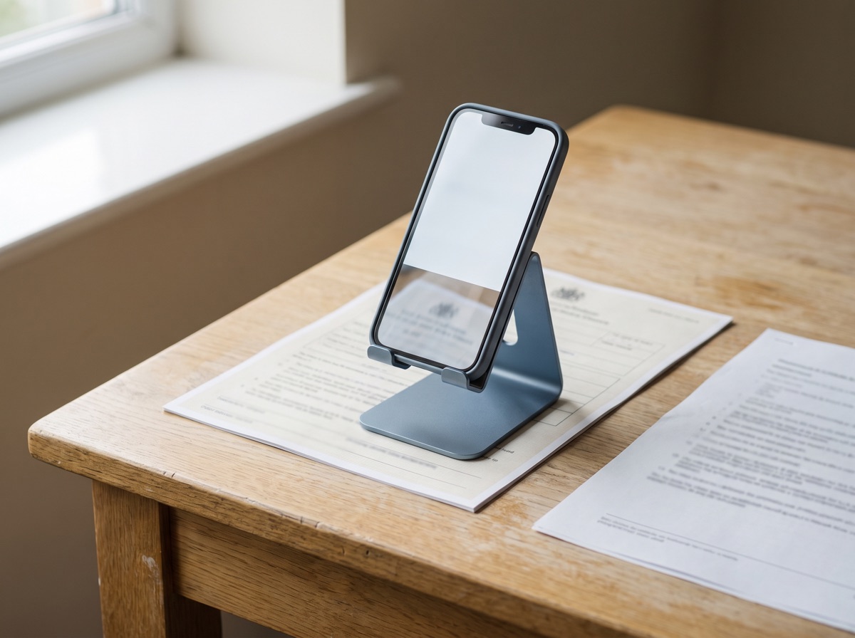 Smartphone auf einem Ständer über einem Formular auf einem Holztisch – Unterlagen abfotografieren und hochladen